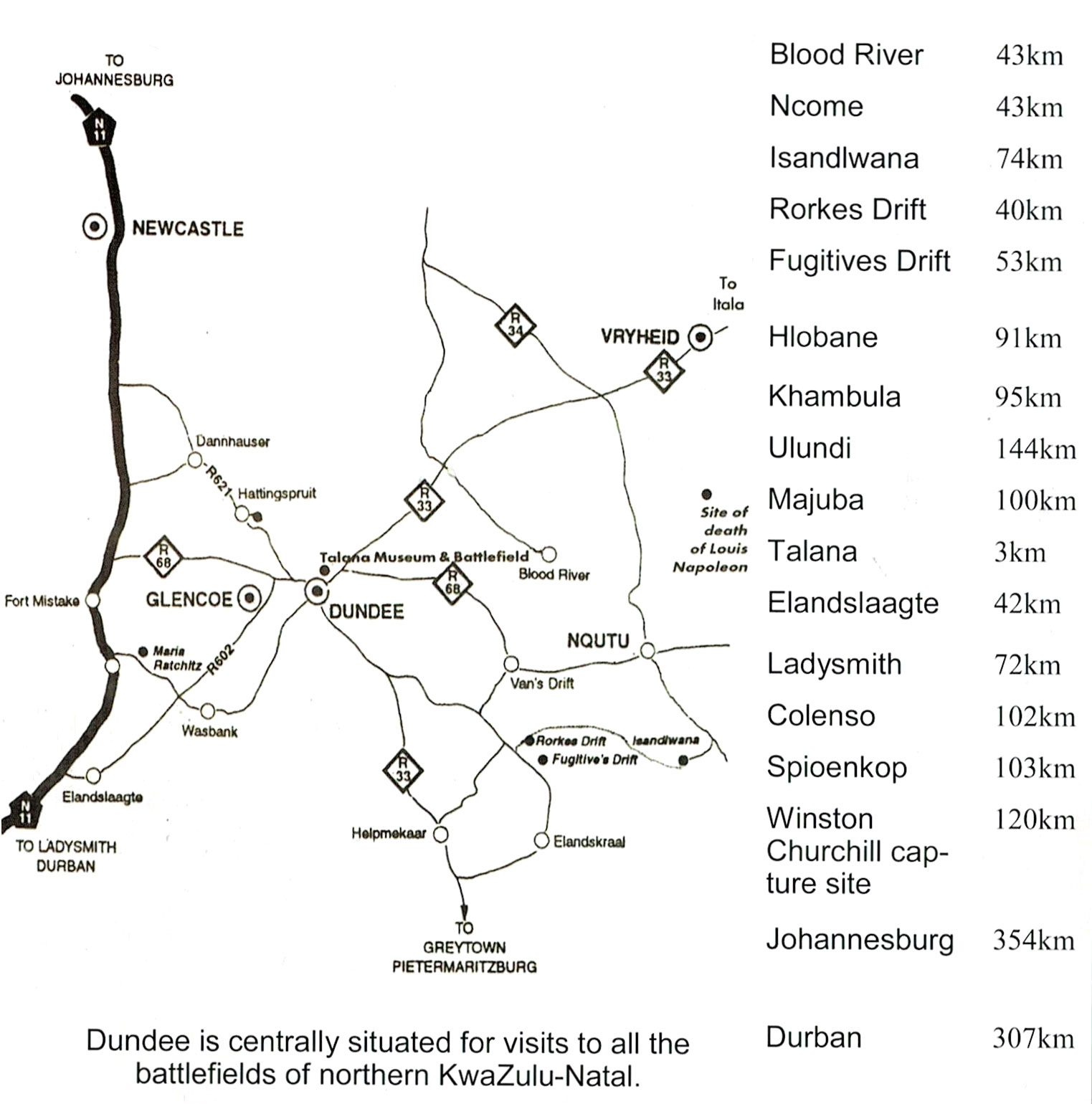 Map Dundee location and distances to battlefields